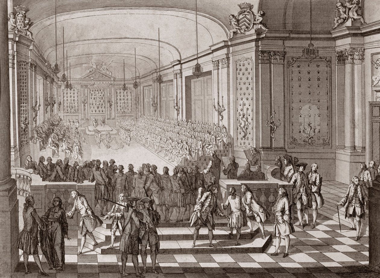 Vista interna del Salón de los Jacobinos, en Nantes, durante la celebración de los Estados Unidos de Bretaña en 1764. de French School