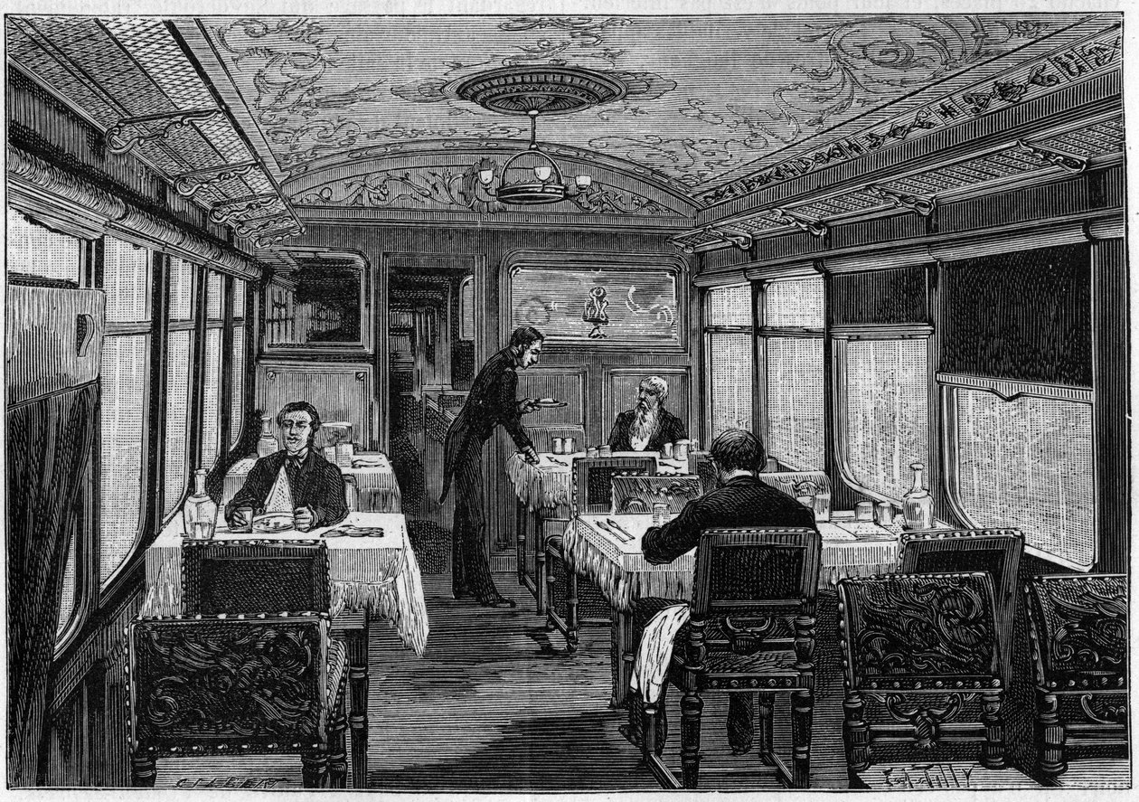 Vista interna del comedor del Orient-Express en 1884. de French School