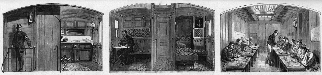 Vista interior del vagón médico y el vagón comedor de un tren médico de la Sociedad Francesa de Socorro a los Militares Heridos. Grabado en "Le Monde Illustré" n°846 del 28 de junio de 1873 de French School