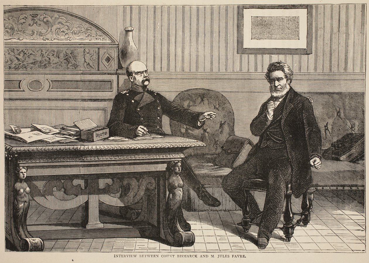 Entrevista entre el Conde Bismarck y M. Jules Favre, septiembre 1870, ilustración de la Historia de la Guerra entre Francia y Alemania, 1870-1871 de French School