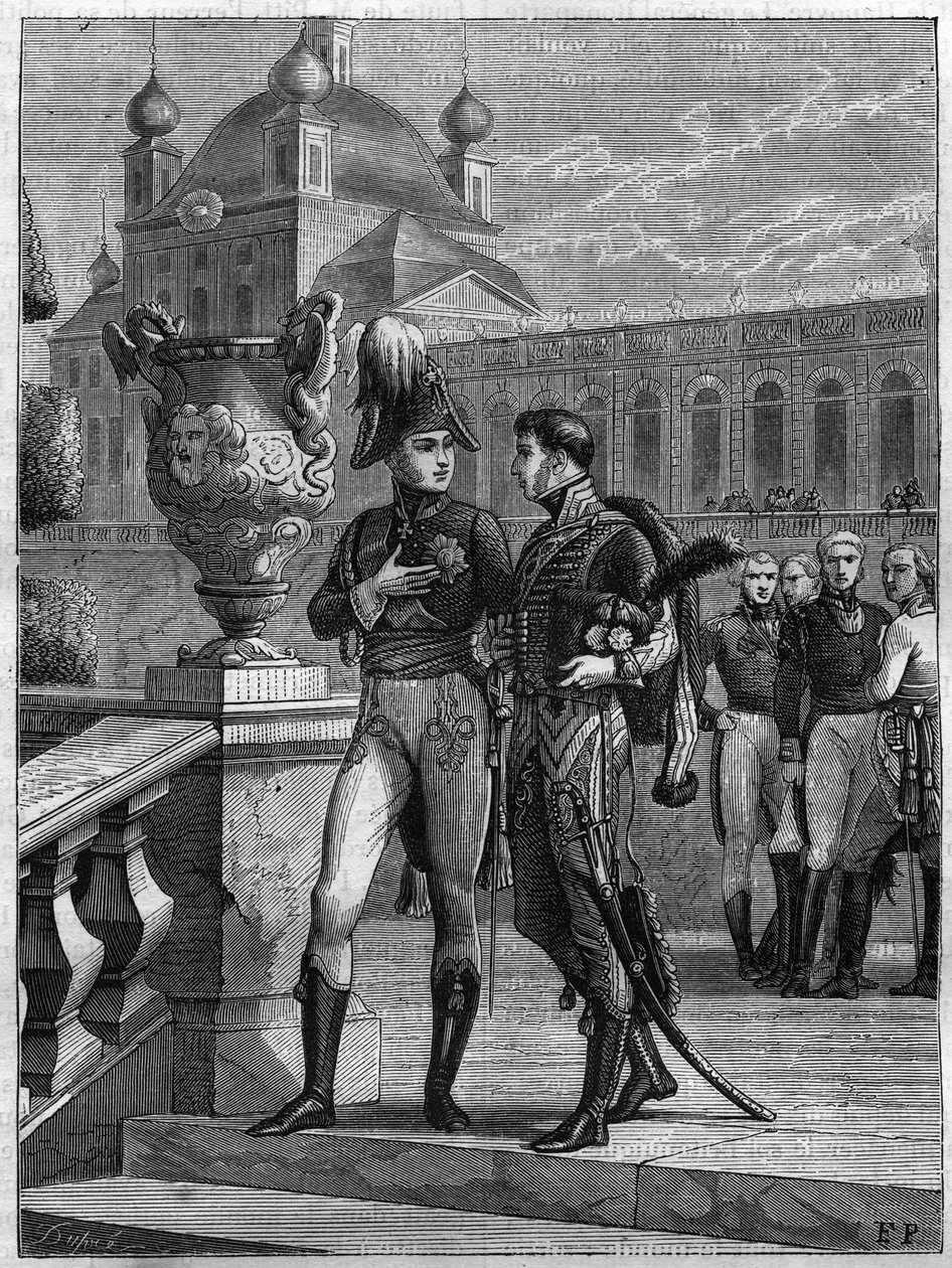 Entrevista de Alejandro I de Rusia (1777-1825) y Michel Duroc (1772-1813) en San Petersburgo en abril de 1801 - Grabado de 1865 en “Histoire du Consulat et de l