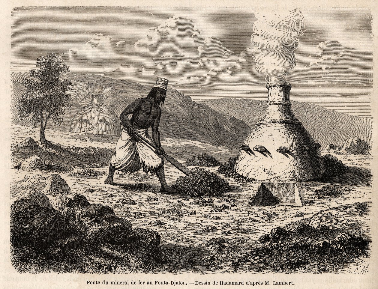 Fundición de mineral de hierro en Fouta Djalon, Senegal, dibujo de Hadamard, para ilustrar el viaje del teniente Lambert a Fouta Djalon en 1860. Grabado en "Le tour du monde" 1861. Colección Selva. de French School