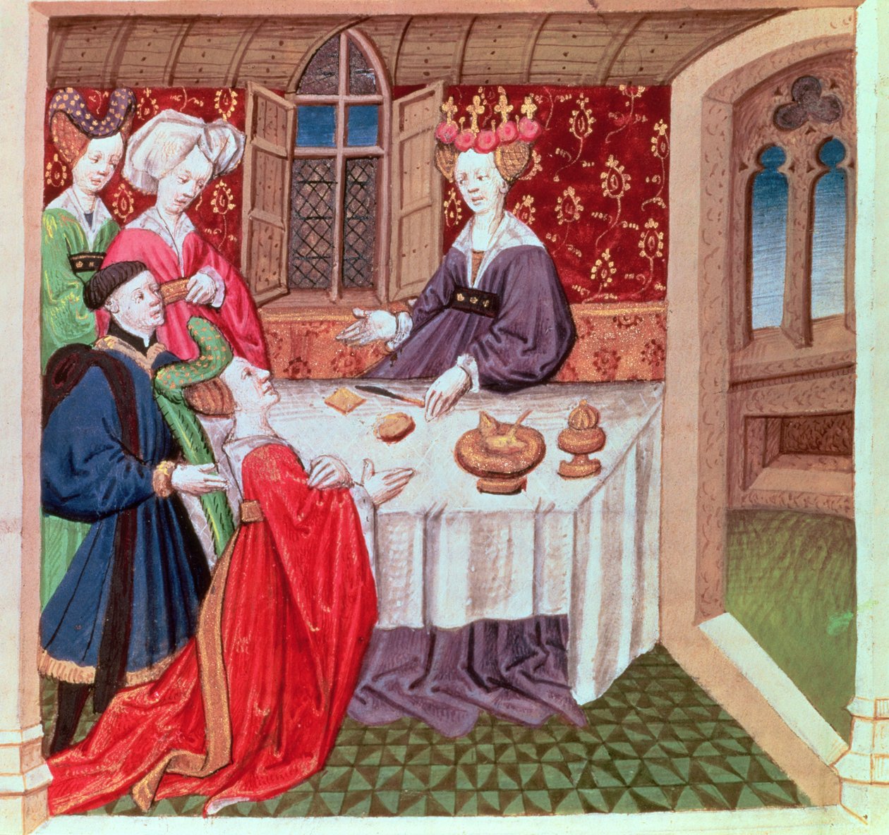 Isolda suplicando protección a la reina Ginebra, Roman du Chevalier Tristan de French School