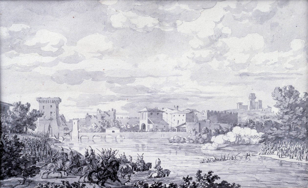 Campiña italiana: el ejército francés pasa el río Mincio hacia Borghetto en 1796. Dibujo anónimo. París, Museo del Louvre de French School