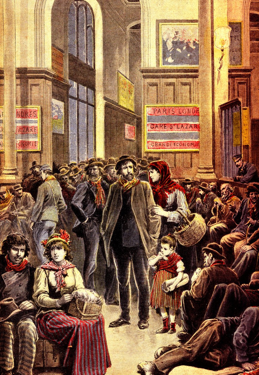 Emigrantes italianos en París en la estación de Saint Lazare en marzo de 1896 (grabado) de French School