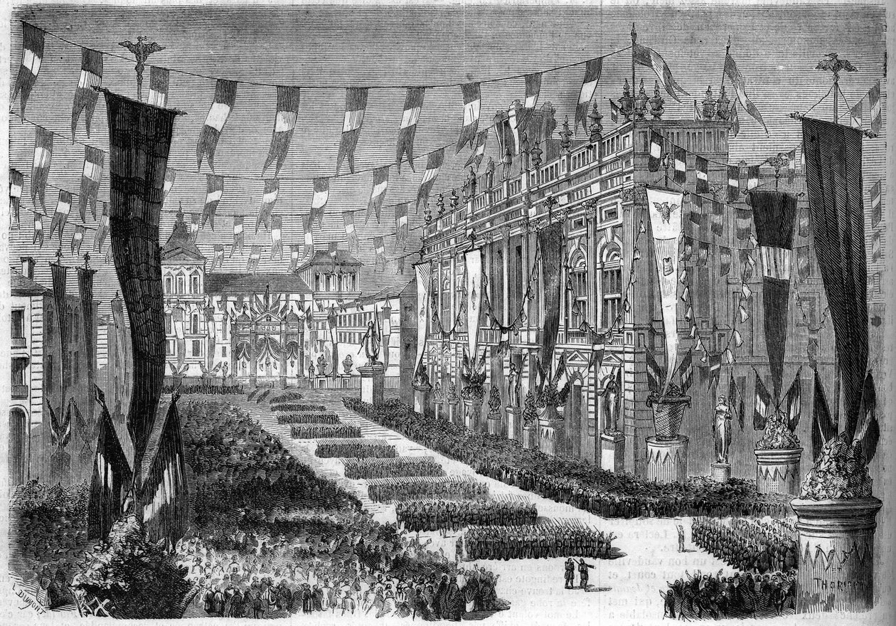 Unificación italiana, Turín, 2 de abril de 1860: decoración de la plaza del castillo (Piazza Castello) con motivo de la apertura del parlamento italiano. Grabado en “Le Monde Illustré” n°157 del 14 de abril de 1860. de French School