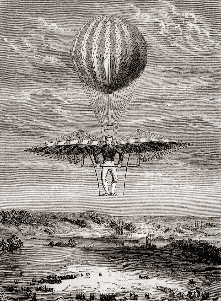 Ornitóptero de 1808 de Jacob Degen con válvulas de aletas, en el que el piloto estaba de pie sobre un armazón rígido y accionaba las alas con una barra horizontal móvil, de "Les Merveilles de la Science", publicado hacia 1870 (litografía). de French School