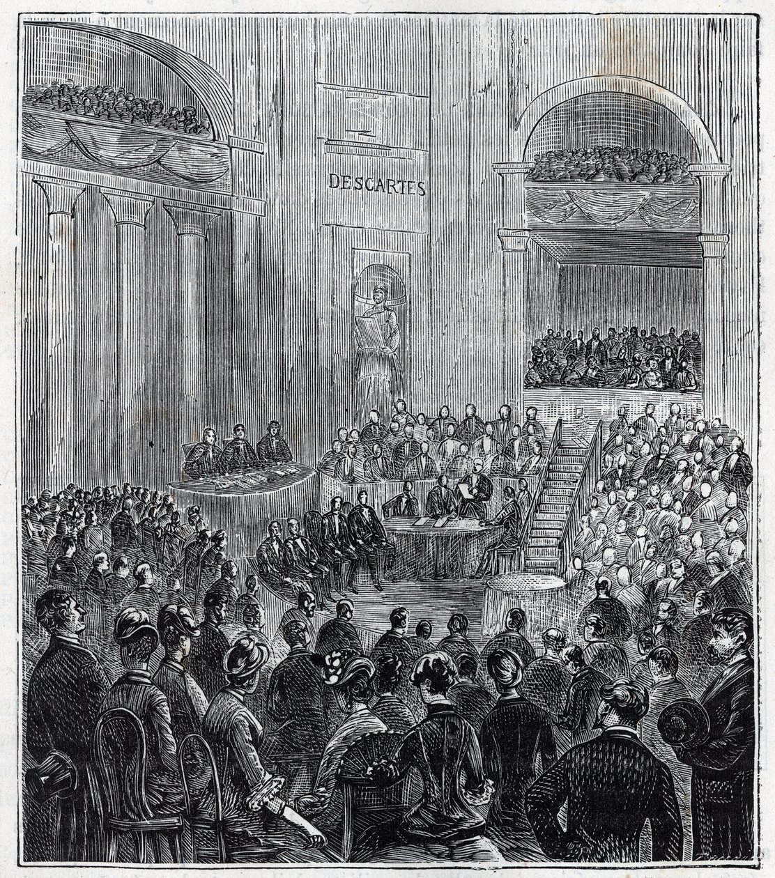 Jacques Babinet (1794 - 1872), físico y astrónomo francés en la reunión solemne de las cinco Academias en 1840 - Grabado en “Ciencias al alcance de todos - física y química” por Alexis Clerc - Finales del siglo XIX. Colección privada. de French School