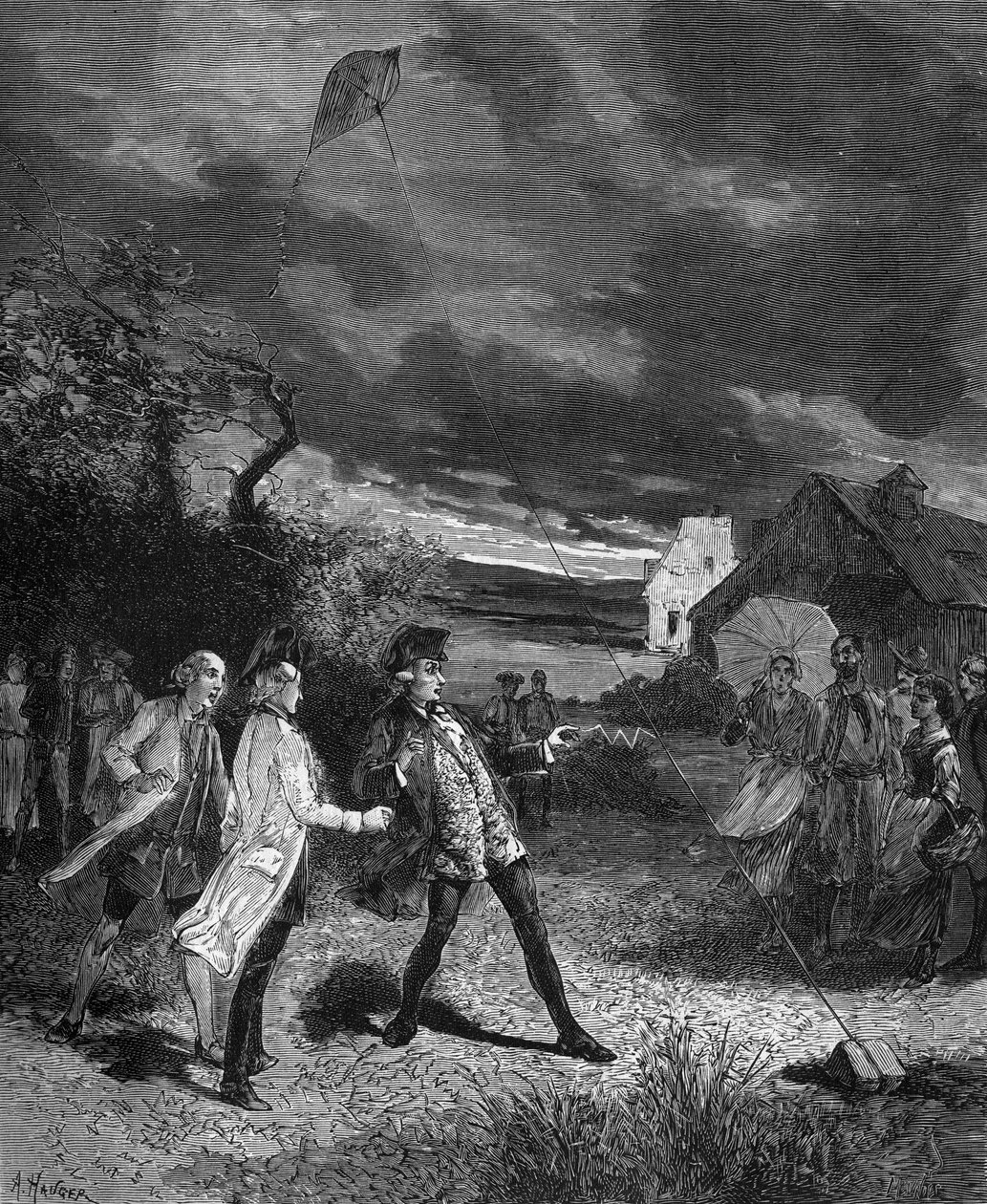 Jacques de Romas (1713-1776), físico francés, experimentando con una cometa para capturar electricidad atmosférica en 1752 de French School