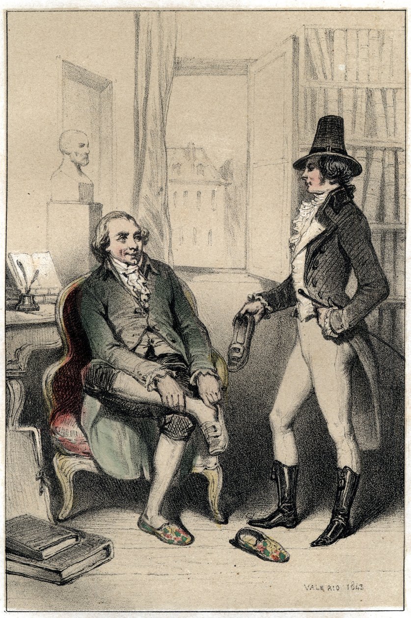 Jacques llamado el Abate Delille (1738-1813), un poeta francés, pide a uno de sus amigos que fuerce la cerradura del gabinete, o su esposa le encierra los zapatos para mantenerlo fuera y obligarlo a trabajar. Placa tomada de "Escenas de la vida de hombres  de French School