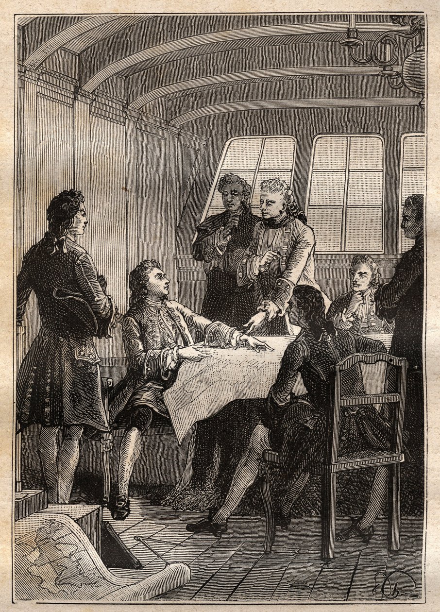 Jakob (Jacob) Roggeveen (1659-1729) explorador holandés durante su viaje al Océano Pacífico en 1722 - ilustración de “Los grandes marineros del siglo XVIII” de French School
