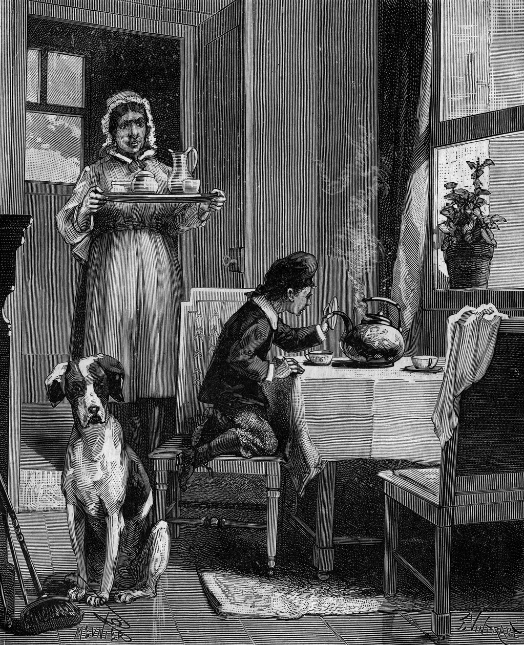 James Watt (1736-1819), un niño, descubriendo las leyes del vapor de French School