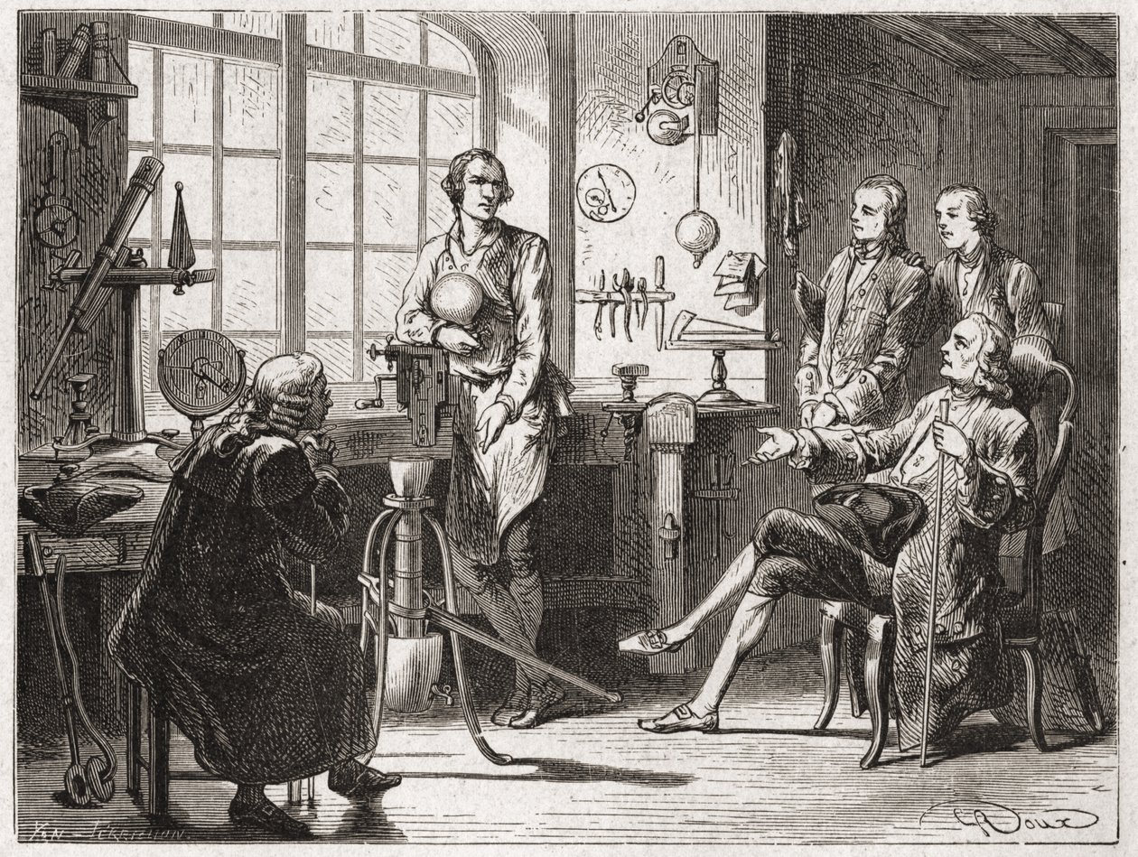 James Watt (inventor de la máquina de vapor en 1769) en su tienda de Glasgow - en "Álbum de Ciencia; ilustres científicos; Grandes descubrimientos" 1896 de French School