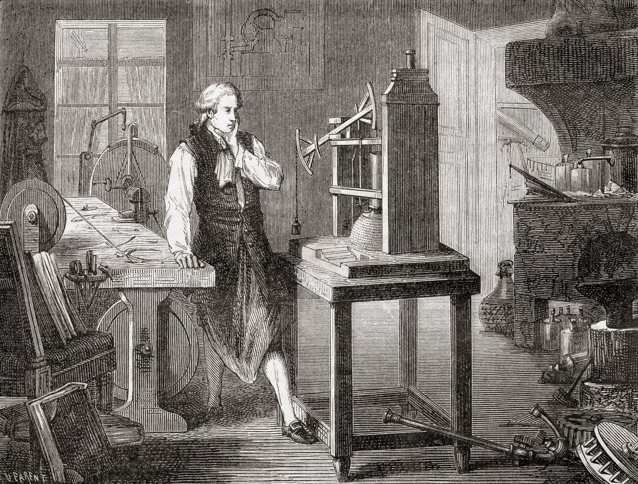 James Watt en su taller de Glasgow mejorando la máquina de vapor de Thomas Newcomen de 1712 con su máquina de vapor Watt en 1781, de Les Merveilles de la Science, pub.1870 de French School