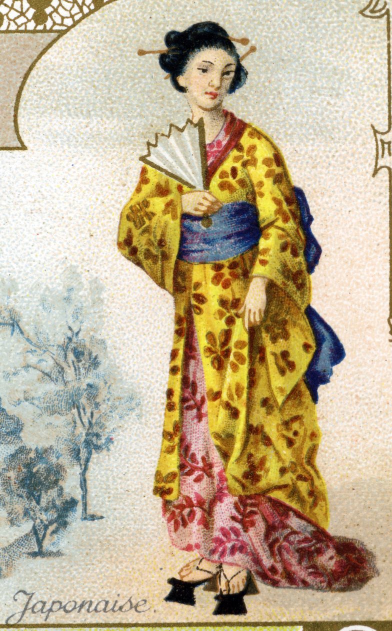Mujer japonesa. Serie de 25 cromos publicitarios para la fábrica de galletas Pernot de Dijon, creada en 1869. Detalle de los personajes en traje tradicional de French School