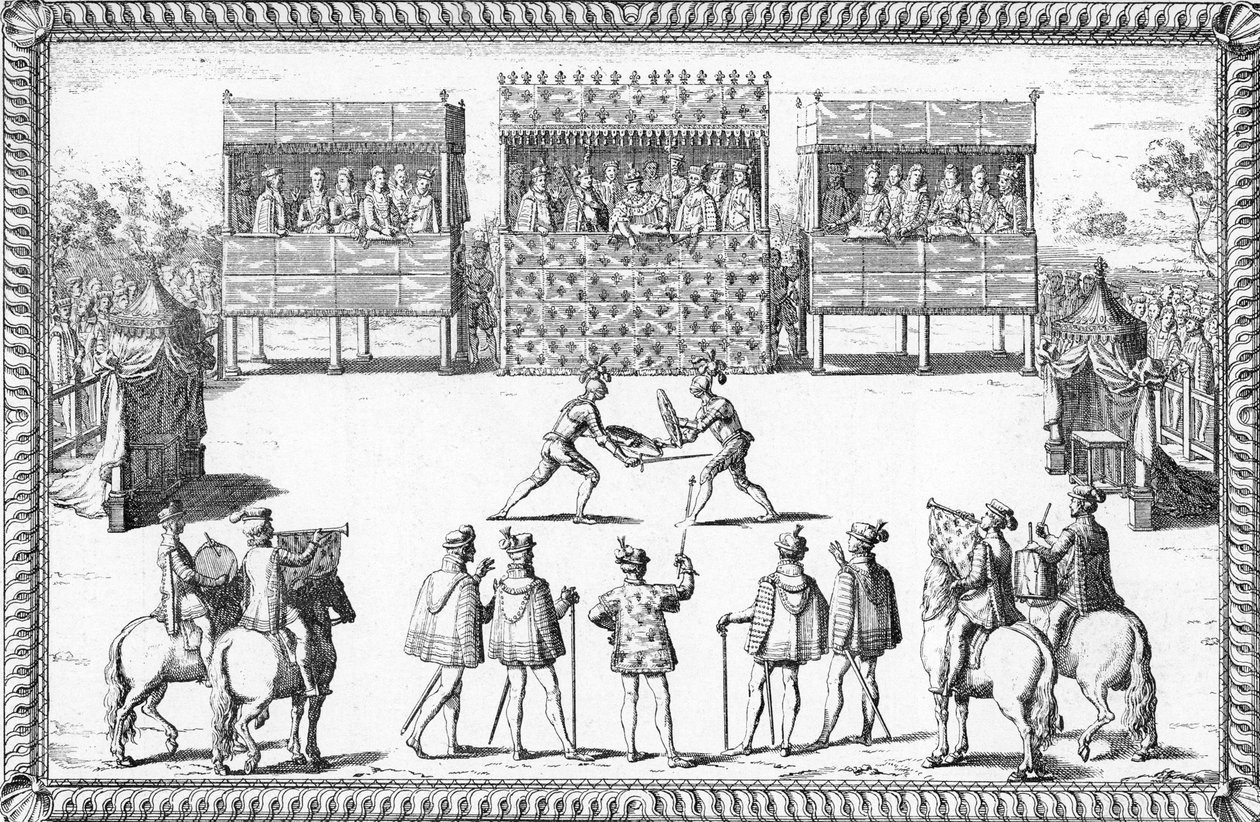 El golpe de Jarnac: Duelo de Guy Chabot de Jarnac y François de Vivonne de la Chataignerie ante la Corte de Saint-Germain-en-Laye. de French School
