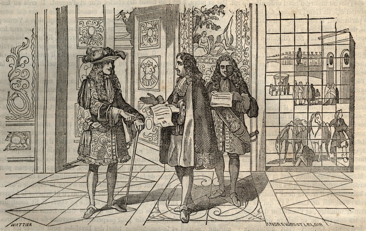 Jean Baptiste Colbert (1619-1683) en una reunión con el Rey Luis XIV y François Louvois (1641-1691) en Versalles - grabado después de Leclerc de French School