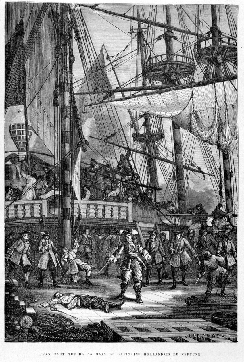 Jean Bart mata al capitán holandés de Neptuno con su mano - en "La Historia de Francia" de Guizot de French School