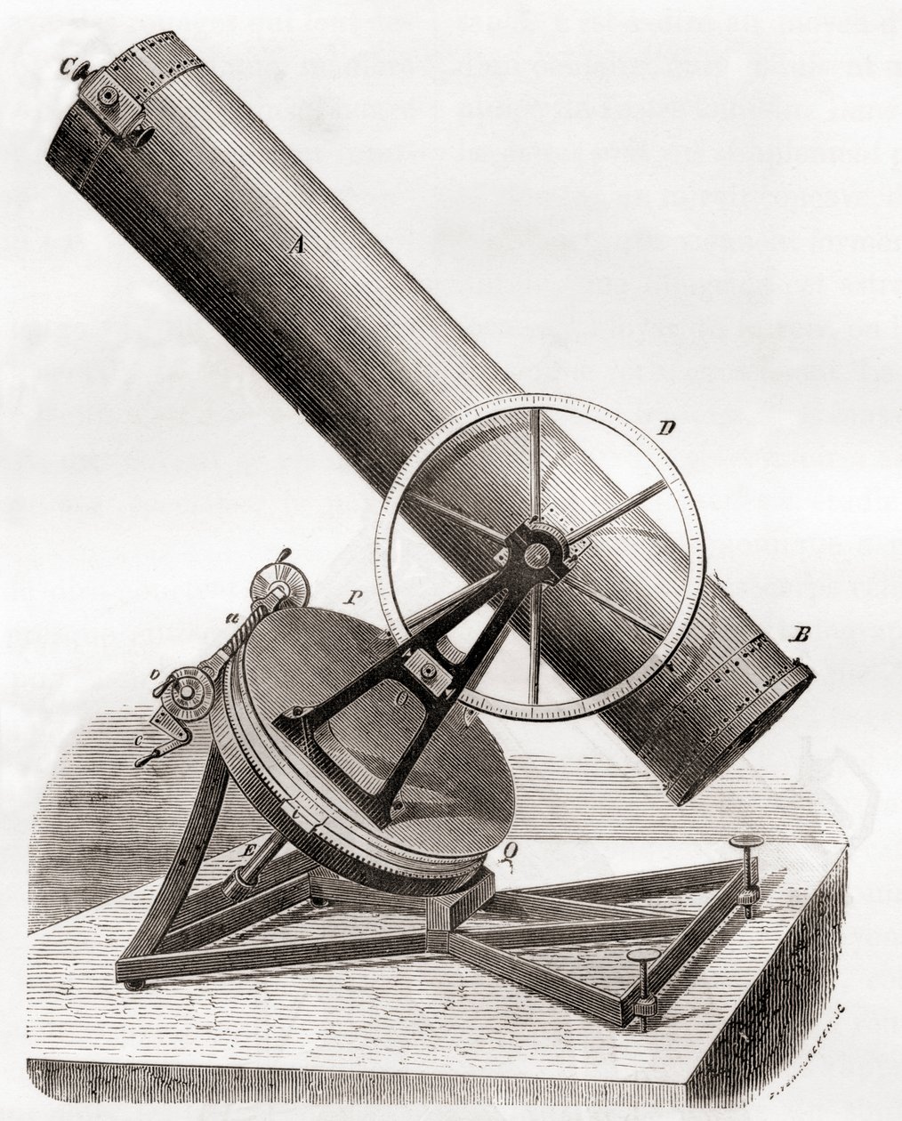 Telescopio reflector de espejo de Jean Bernard Léon Foucault en una montura ecuatorial, según un dibujo del siglo XIX, de Les Merveilles de la Science, publicado c.1870 (grabado) de French School