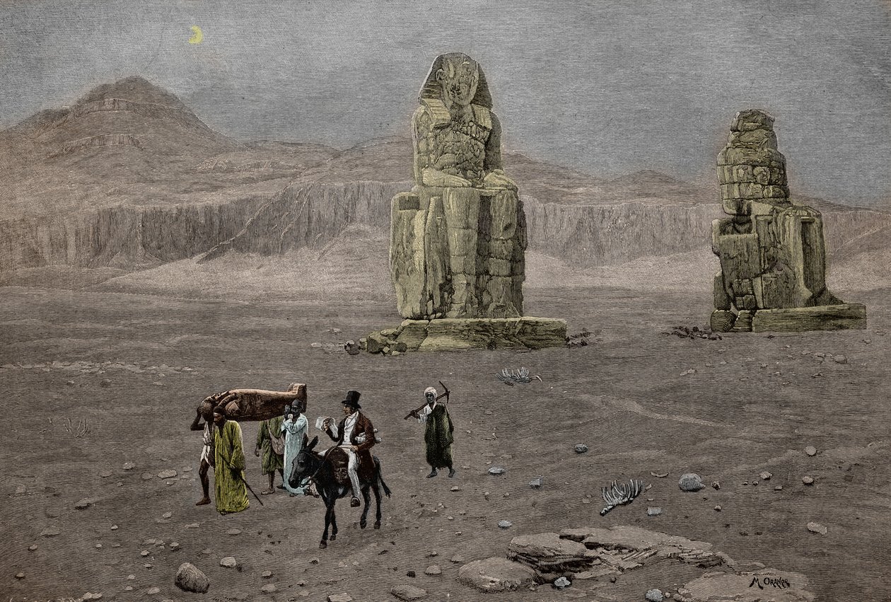 Jean Francois Champollion en los Colosos de Memnon, Egipto (grabado) de French School