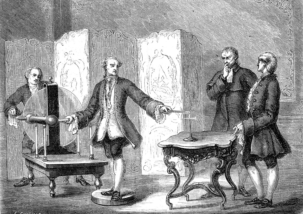 Jean JALLABERT (1712-1768), físico suizo, descubre la electricita sobre objetos punzantes (Poder de la punta de FRANKLIN). grabado 1867 de French School