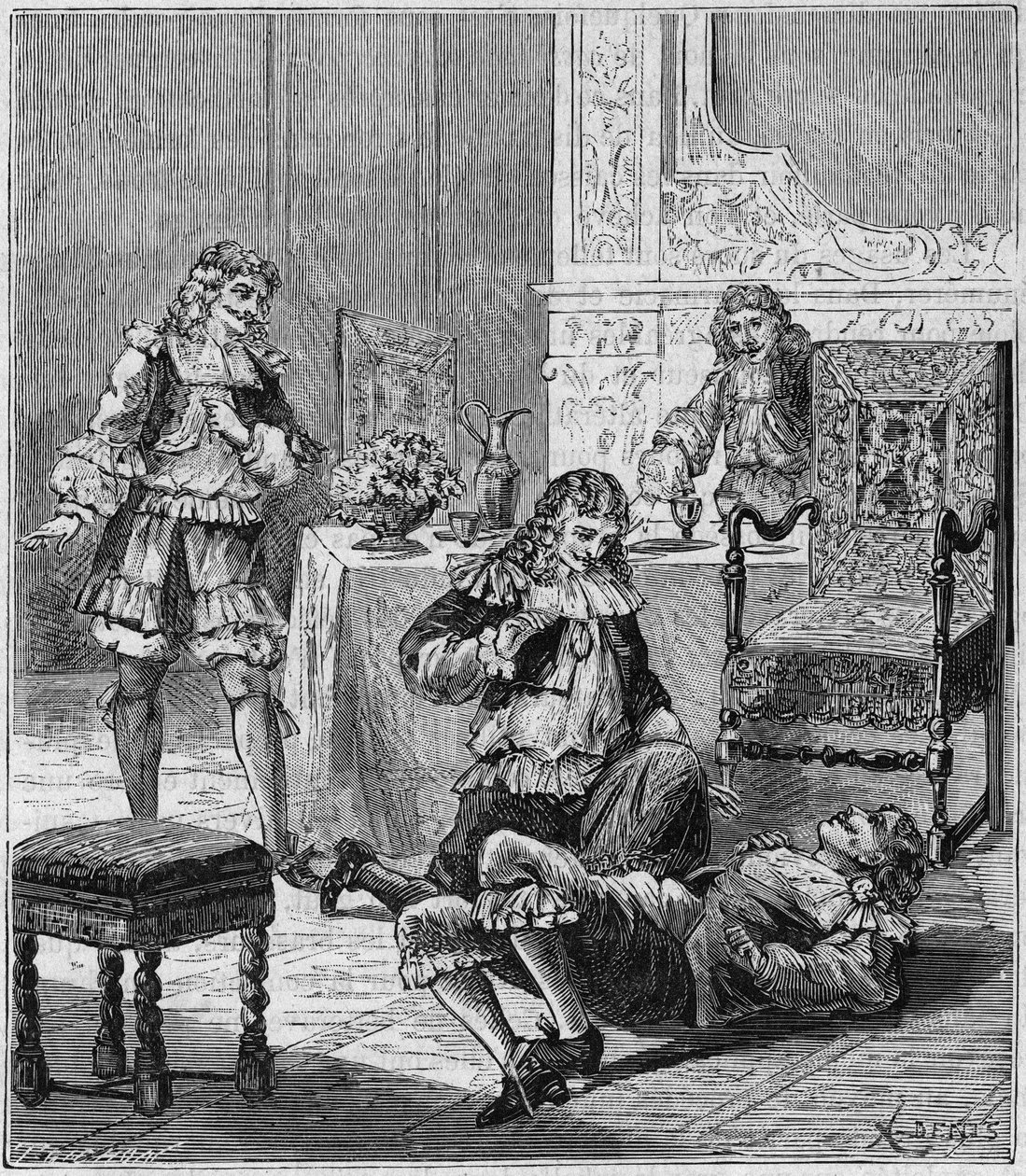 Jean de SANTEUL (1630-1697) envenenado con un vaso de vino en el que se había puesto tabaco de España - Grabado en “Ciencias al alcance de todos - física y química” por Alexis Clerc - Finales del siglo XIX - Colección privada de French School