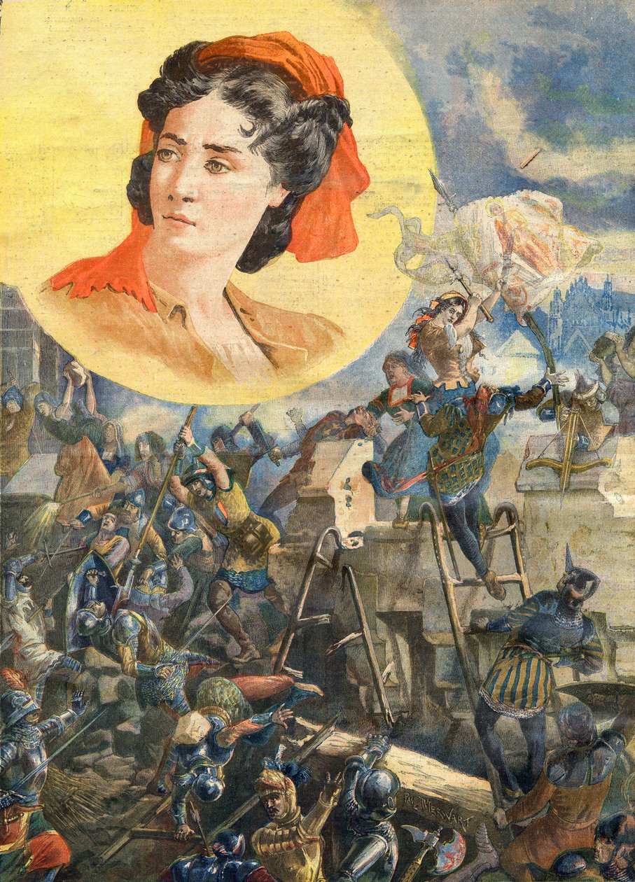 Jeanne Laisne (1456-?), conocida como Jeanne Fourquet, apodada Jeanne Hachette Heroína francesa - Jeanne Hachette en el sitio de Beauvais 1472 - Ilustración para Le Petit Journal, 8 de enero de 1894 de French School