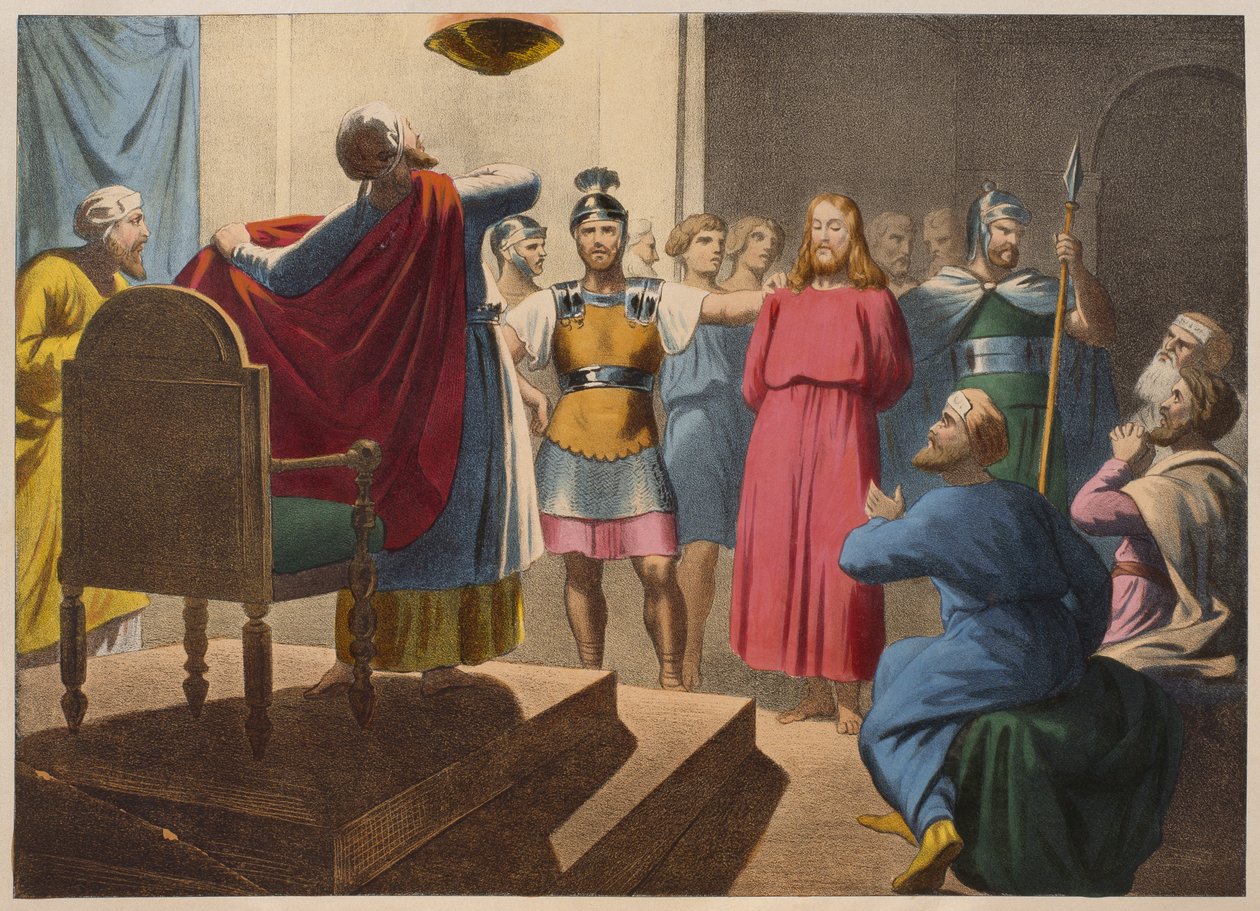 Jesucristo ante Caifás, ilustración de un catecismo L