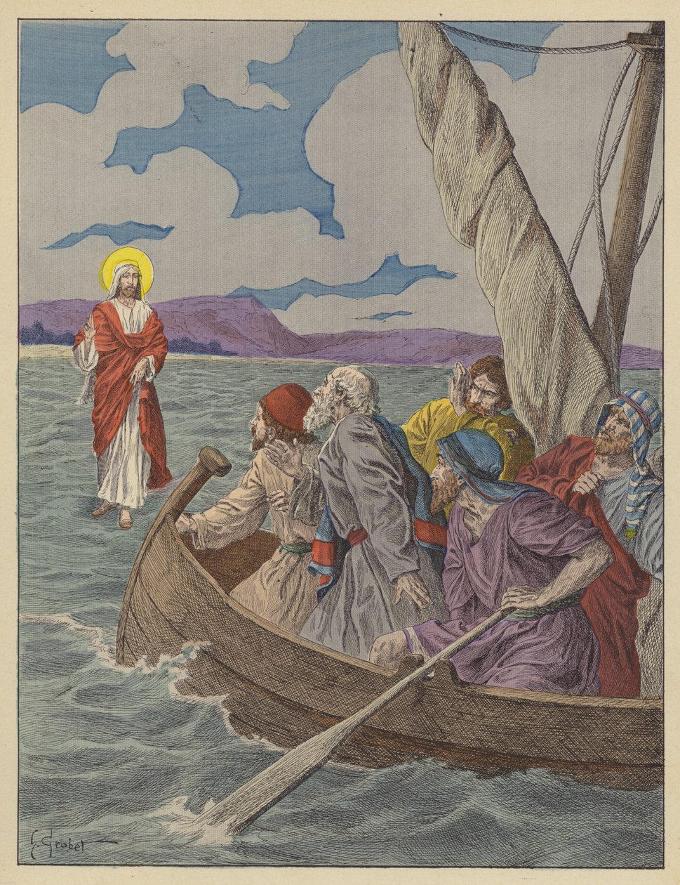 Jesucristo caminando sobre las aguas (litografía en color) de French School