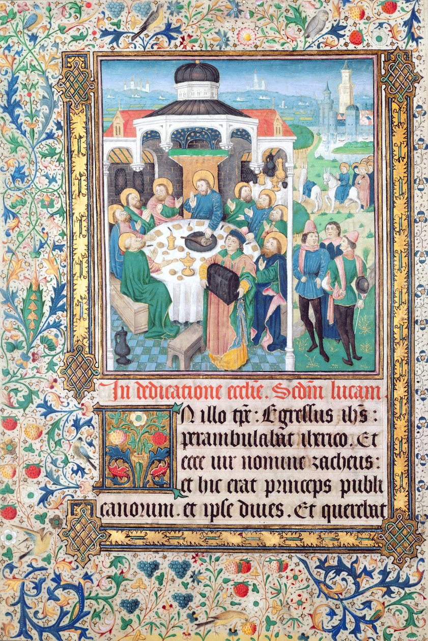 Jesús comiendo en la casa del recaudador de impuestos, Zaqueo y la entrada en Jerusalén, miniaturas del Evangelio de Lucas de French School