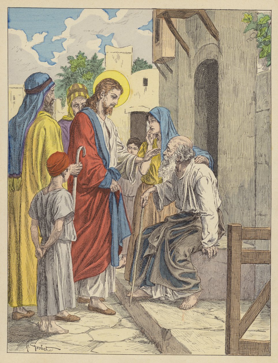 Jesús cura al ciego (litografía en color) de French School