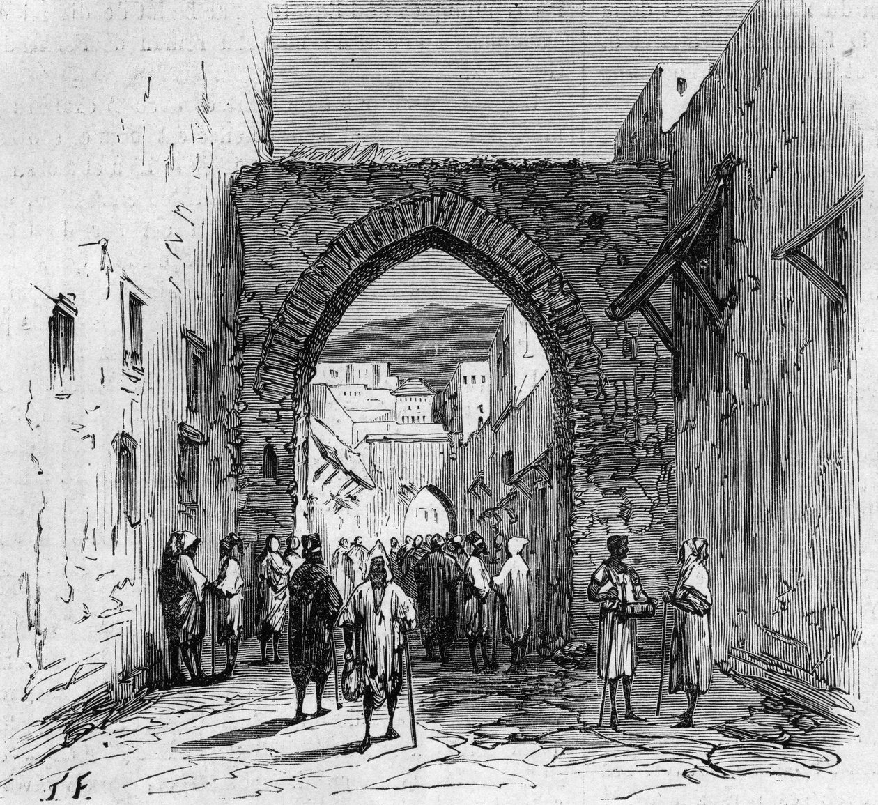 Población judía de Tetuán en Marruecos: vista de la puerta del barrio judío de French School