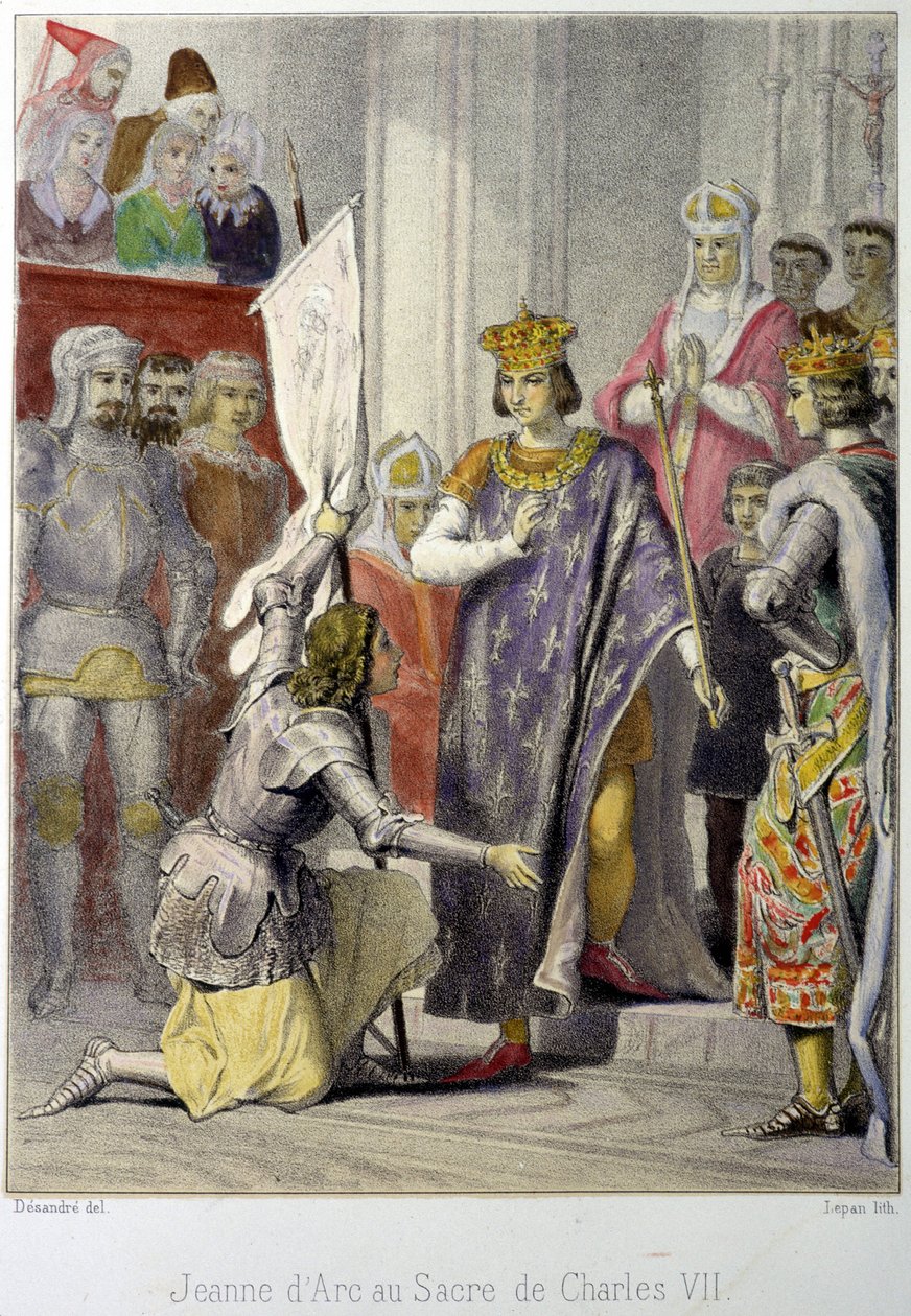 Juana de Arco en la coronación de Carlos VII - litografía de French School