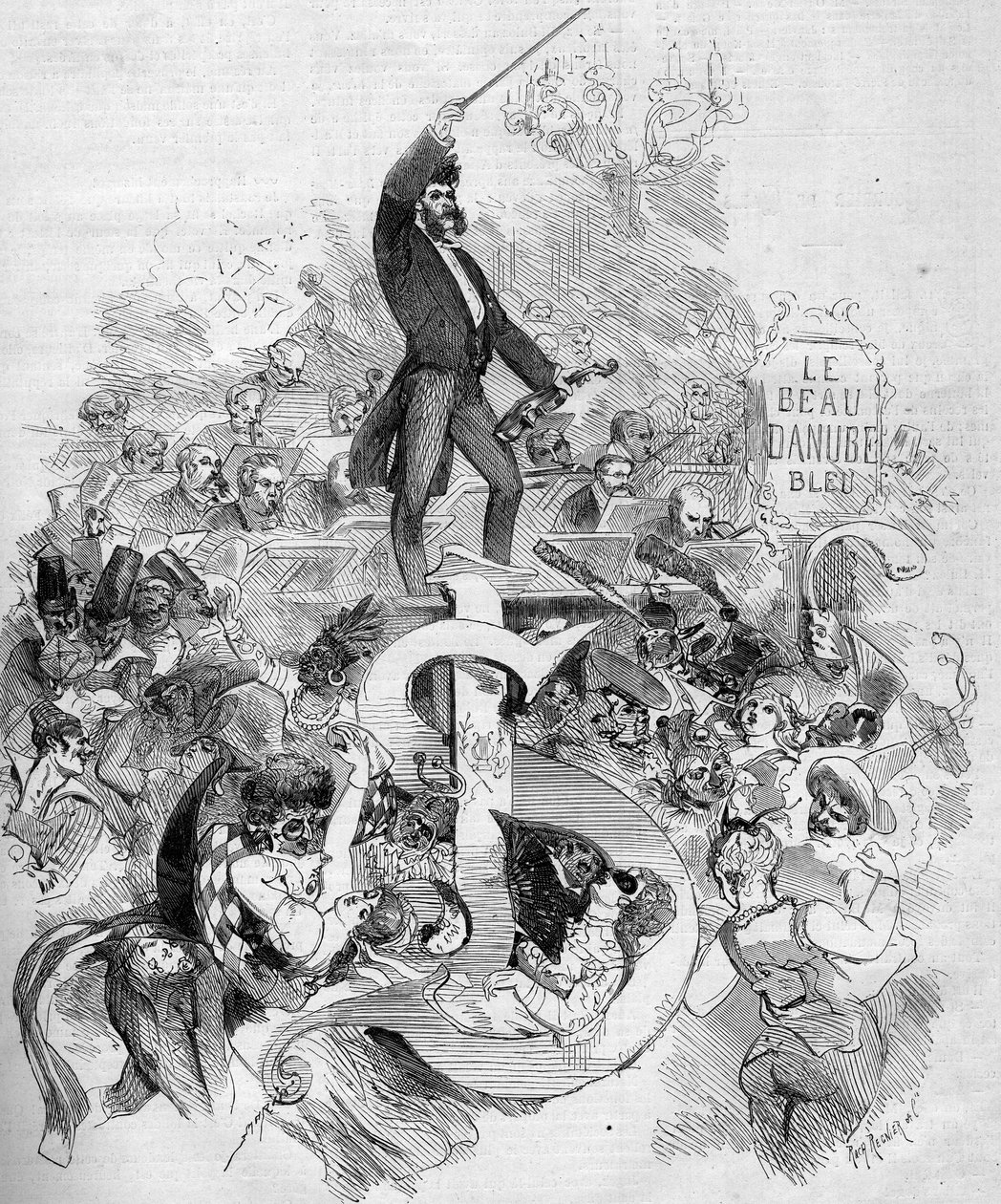 Johann Strauss el joven (1825-1899), con el violín, durante un baile de máscaras en la Ópera de París de French School