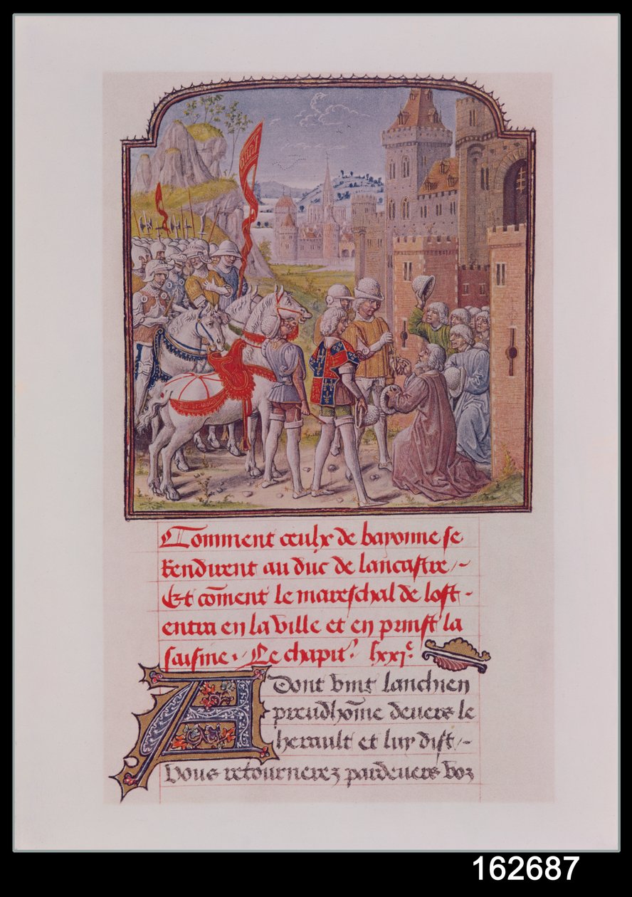 Juan de Gante siendo recibido por los ciudadanos de Bayona en las puertas de la ciudad, de la Crónica de Froissart, finales del siglo XV de French School