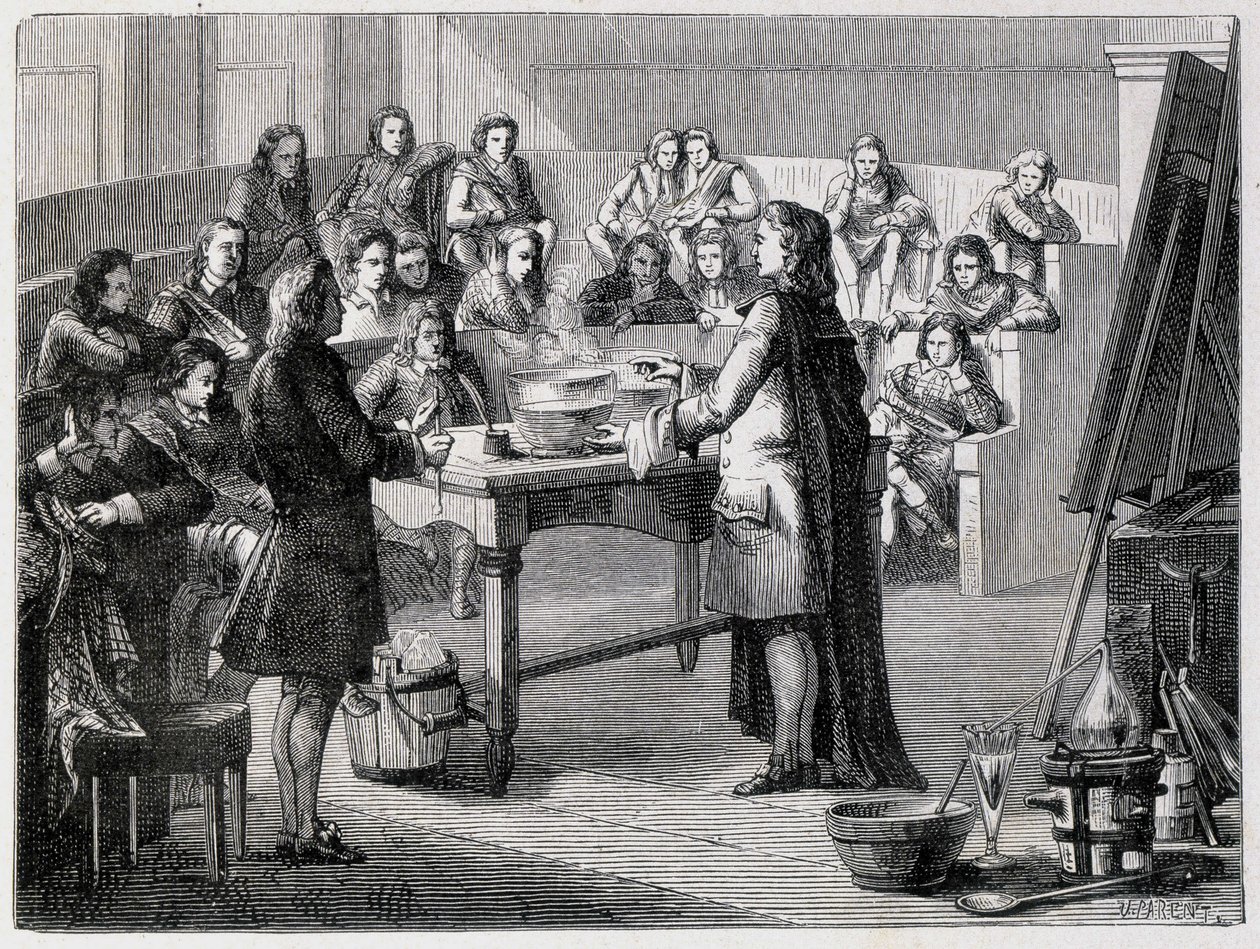 Joseph Black (1728 - 1799), químico y físico británico, experimenta el calor latente ante los estudiantes de la Universidad de Glasgow de French School