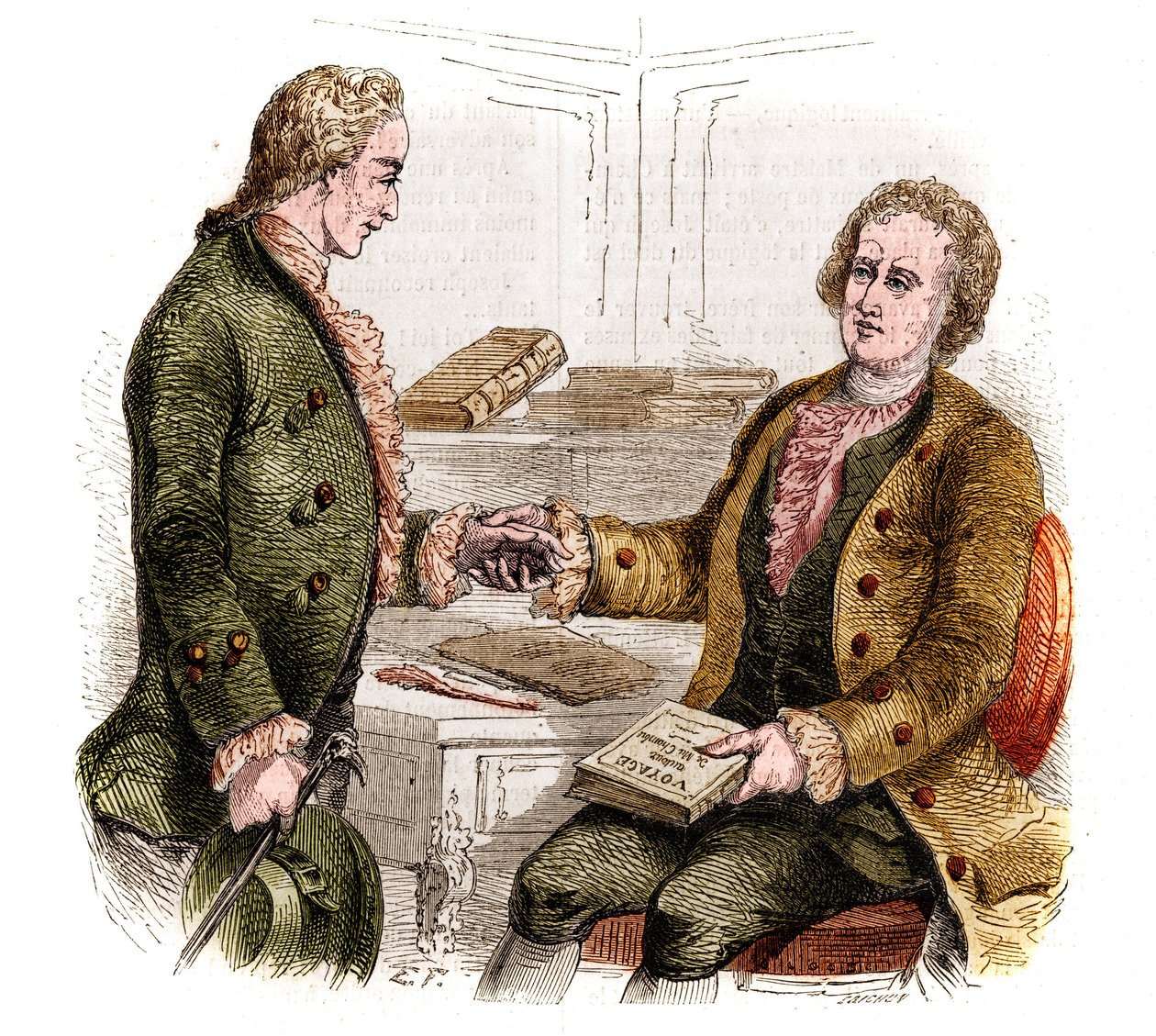 Joseph de Maistre (1753-1821), político, escritor y filósofo francés, y el Conde Xavier de Maistre (1763-1852), oficial y escritor francés con la primera copia de "Viaje alrededor de mi habitación". Dibujo de bosque. Grabado de 1852 de French School