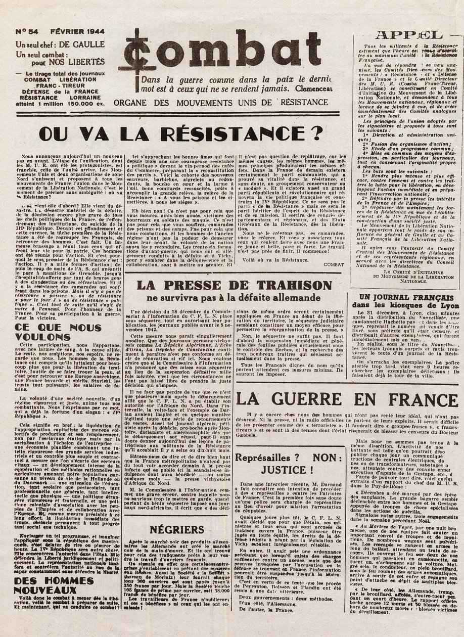 Journal COMBAT - número 54 - febrero de 1944 - órgano de los movimientos de resistencia unida. (periódico clandestino) - ¿Hacia dónde irá la resistencia? de French School