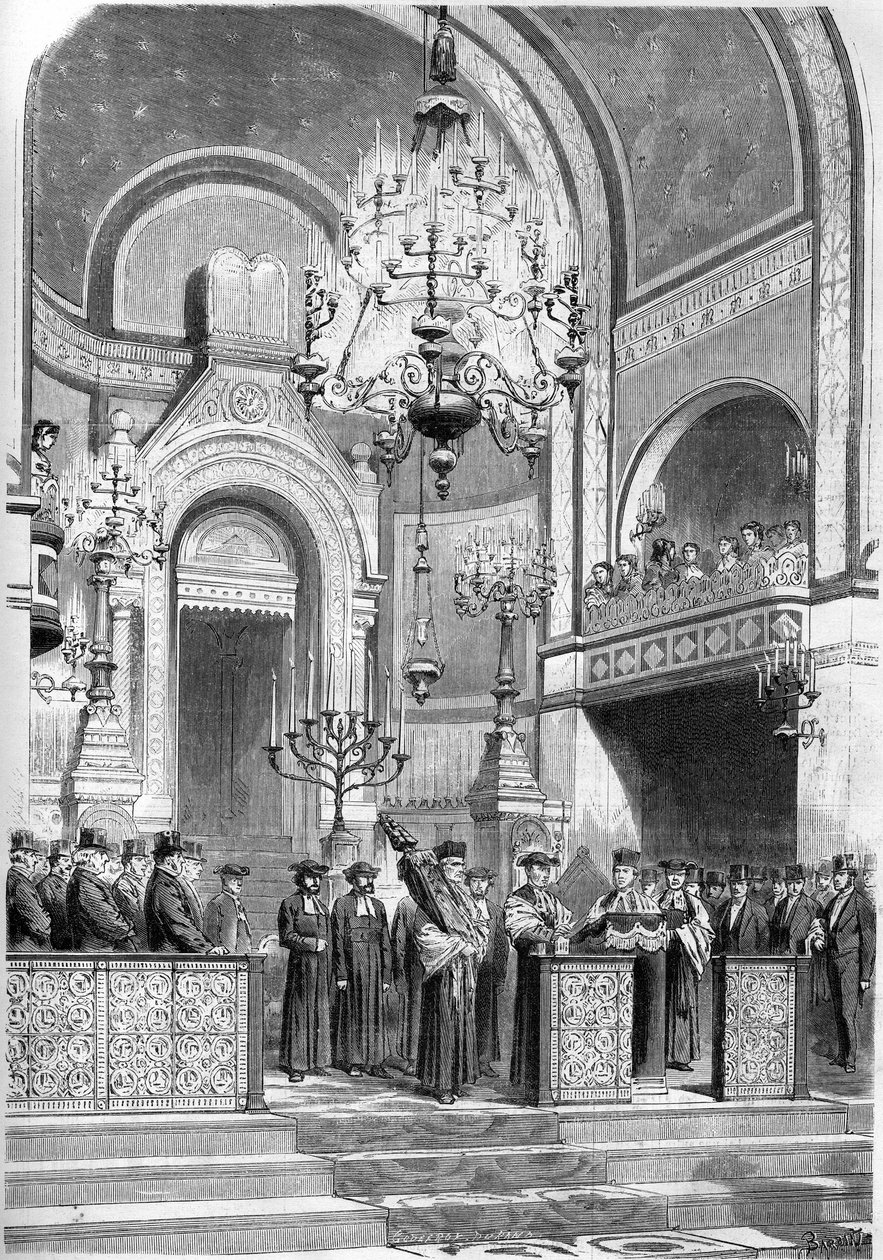 Judaísmo: recepción solemne del gran Rabino de París, Zadoc Kahn (1839-1905), en la sinagoga de la rue Notre Dame de Nazareth, el 13 de enero de 1869. El gran Rabino entona la "Prière pour l