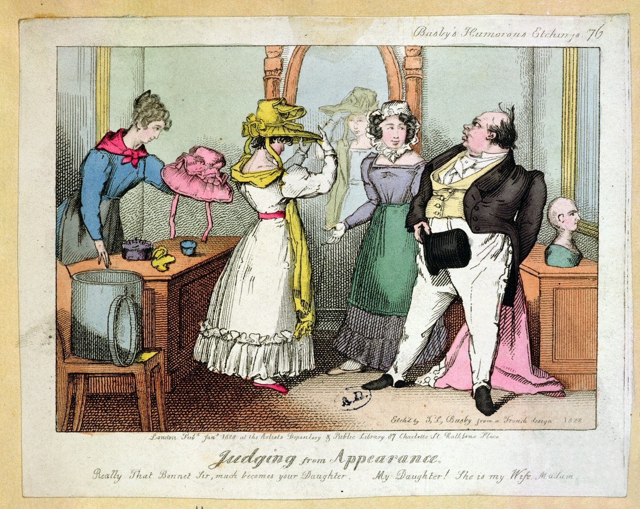 Juzgando por la apariencia, número 76 de Busbys Humourous Etchings, grabado por Thomas Busby (fl.1804-21) 1828 de French School