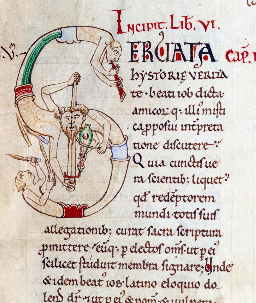 Malabaristas y músicos - letrina S (inicial). Miniatura del manuscrito "Moralia en Job", Morales sur Job de San Gregorio, de la abadía de Citeaux. de French School