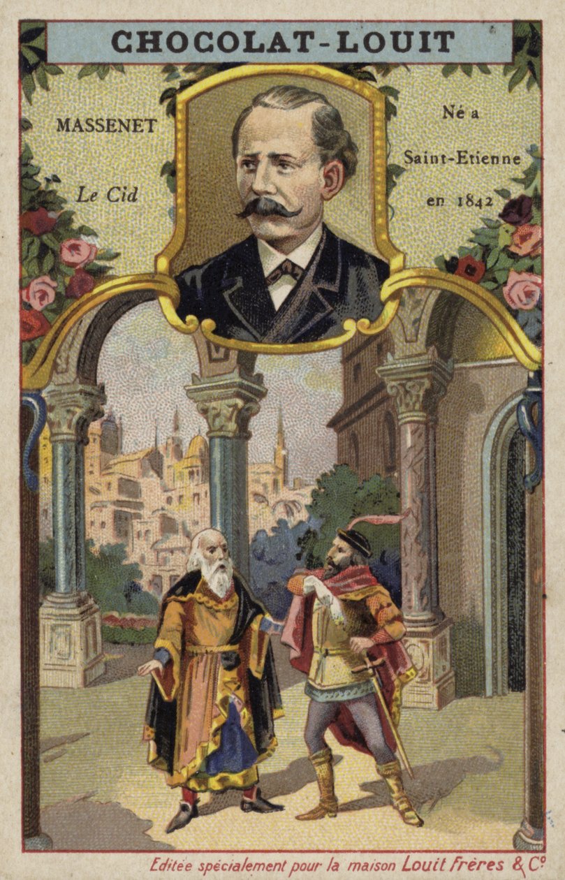 Jules Massenet, compositor francés, y una escena de su ópera Le Cid (cromolito) de French School