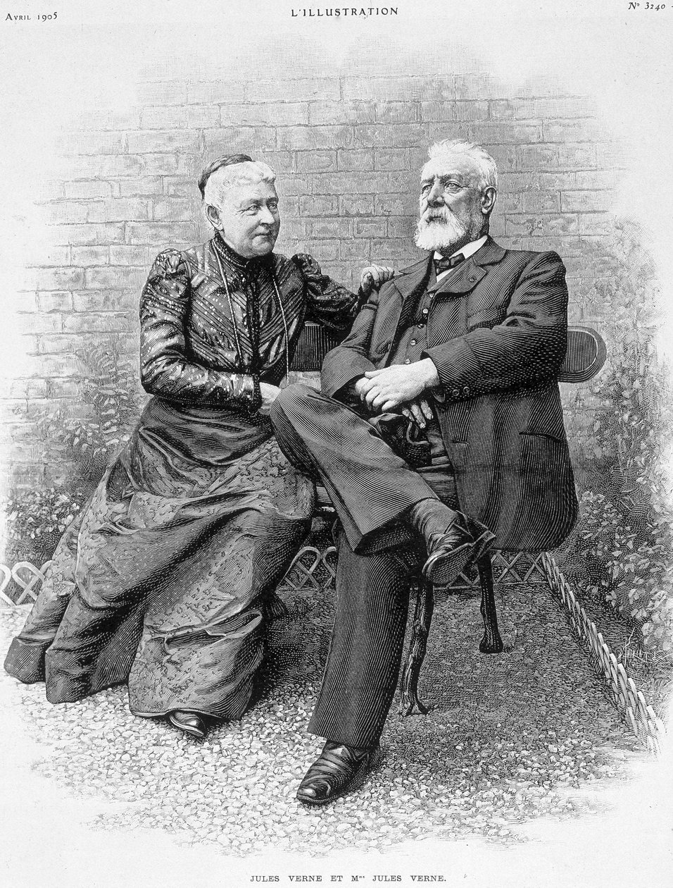 Jules Verne y su esposa - grabado de French School