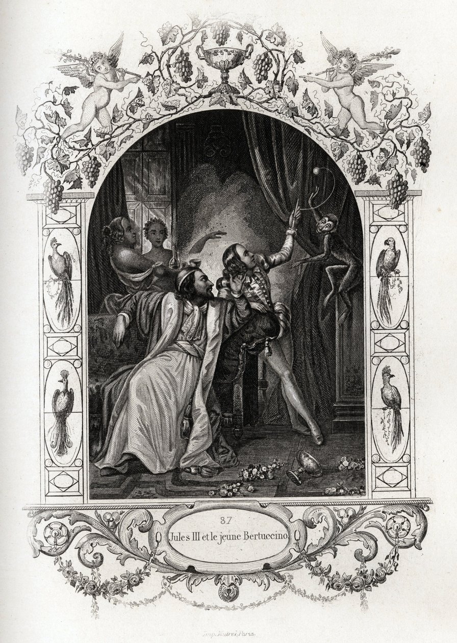 Julio III (Julio o Iulius o Giulio) (papa de 1550 a 1555) y el joven Bertuccino, el espectáculo del mono. Grabado para ilustrar Histoire des popes por Maurice Lachatre (1814-1900), librería del progreso, París de French School