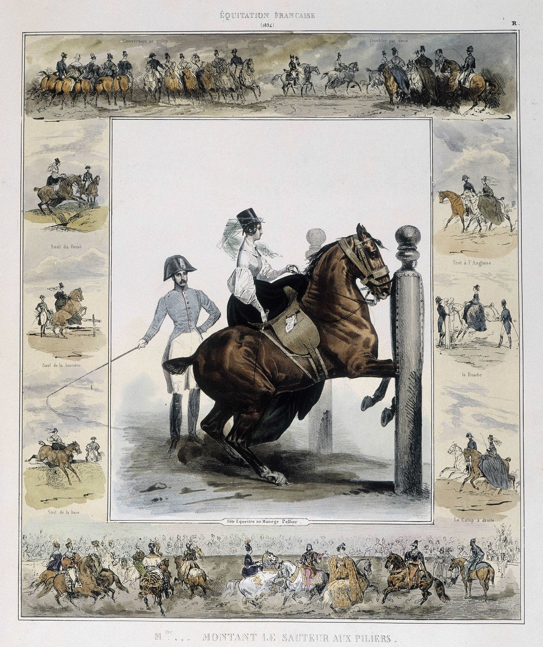 Salto en "Historia pintoresca de la equitación antigua y moderna" de Charles Aubry de French School