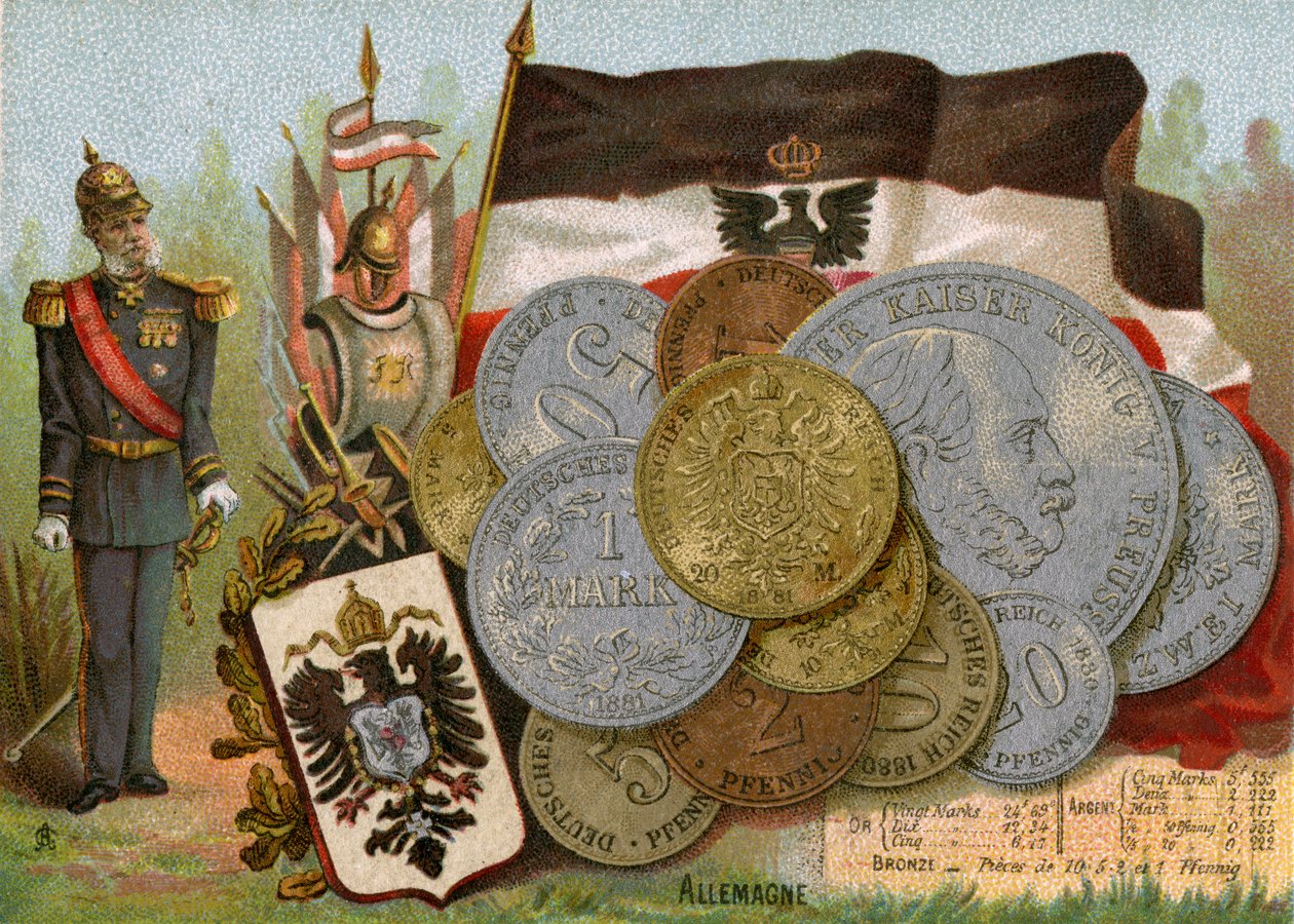 Kaiser Wilhelm I junto a la bandera del Reino de Prusia y una exhibición de marcos alemanes, c.1890 de French School