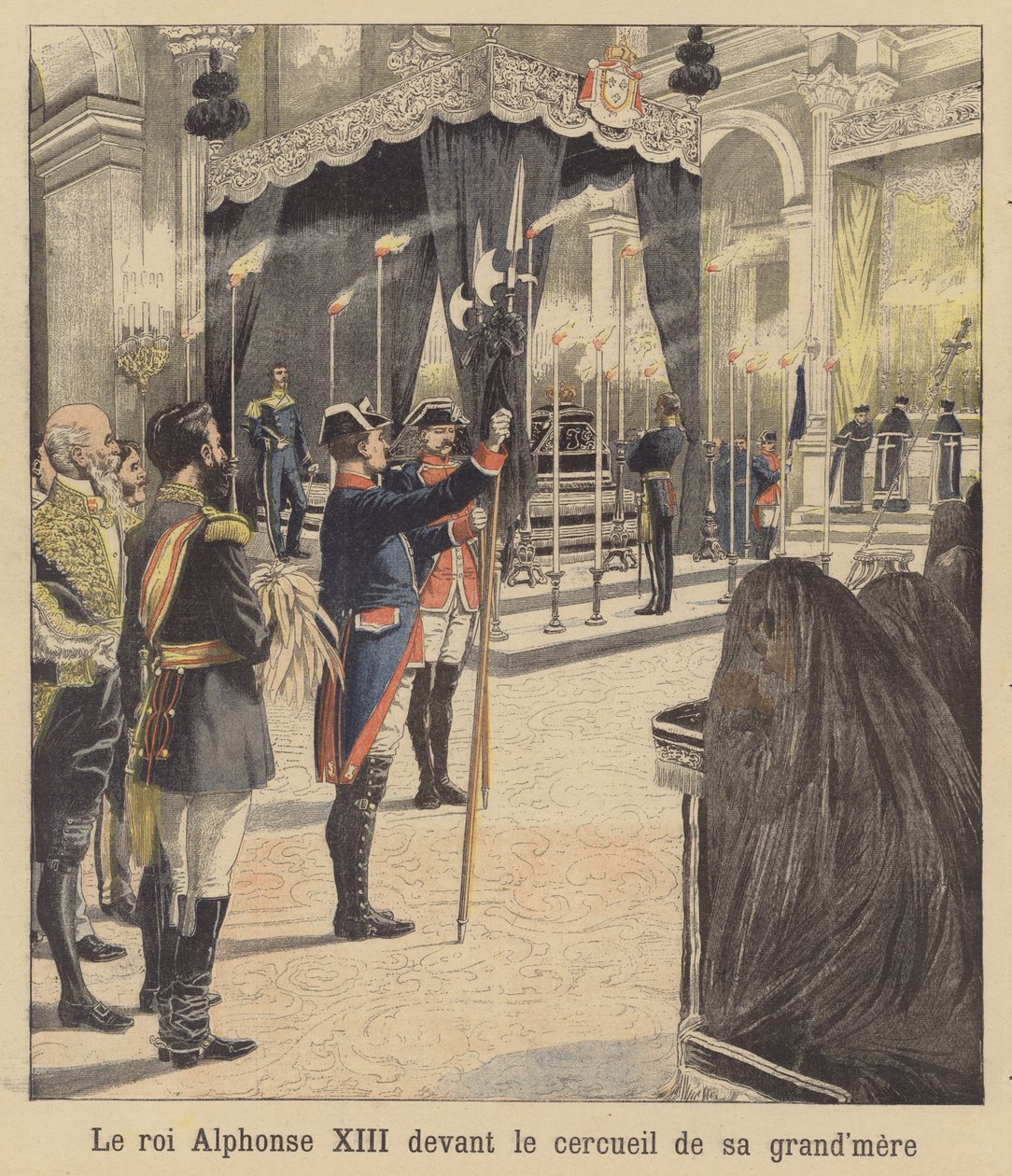 El rey Alfonso XIII de España ante el féretro de su abuela, la reina Isabel II (litografía en color) de French School
