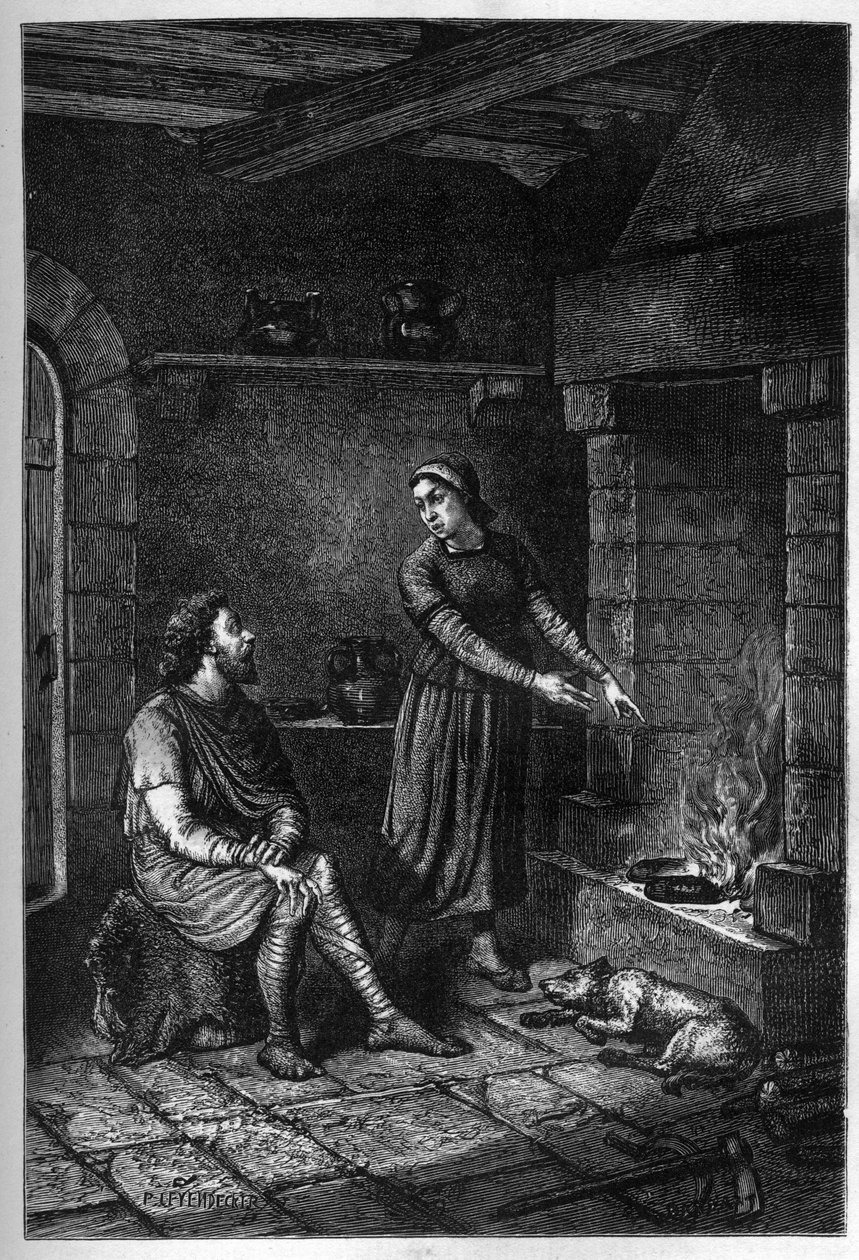 El rey Alfredo el Grande (849-899) olvida los pasteles preparados por la casa danesa bajo su techo en Athelney, y los quema, 878 (grabado) de French School