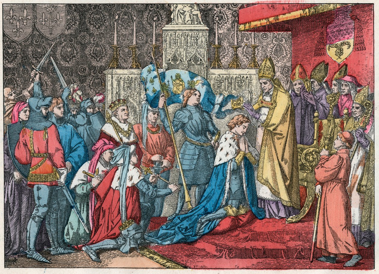El rey Carlos VII (1403-1461) recibe la corona en la Catedral de Reims el 17/07/1429 en presencia de Juana de Arco (1412-1431) - Juana de Arco participa en la ceremonia de coronación de Carlos VII en Reims el 17 de julio de 1429 - Grabado de finales del si de French School