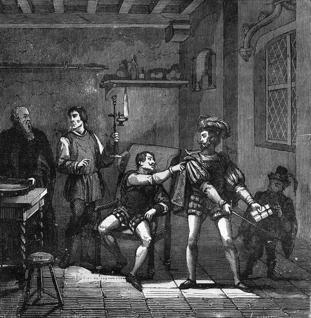 El rey Francisco I (1494-1547) y Charles Brandon, duque de Suffolk encargados de casar a María Tudor (María de Inglaterra) criados con los depravados en la Corte. Grabado en “Historia de la prostitución y la depravación entre todos los pueblos del mundo de de French School